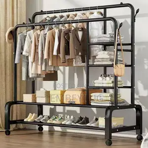 Double-Rail Clothes Rack, Multifunctional Heavy-Duty Rack With Wheels