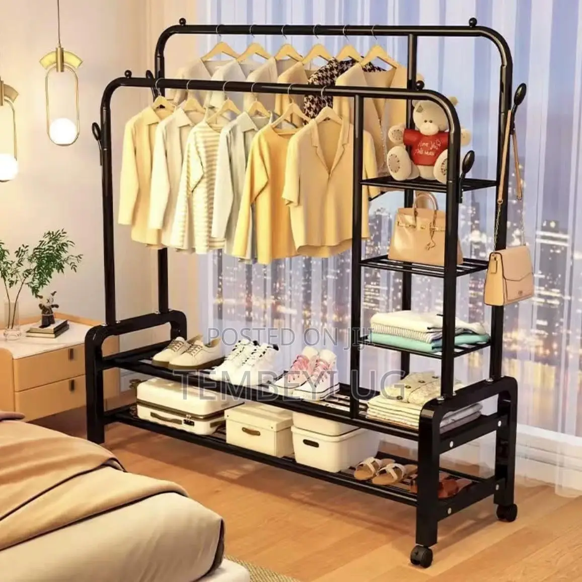 Double-Rail Clothes Rack, Multifunctional Heavy-Duty Rack With Wheels