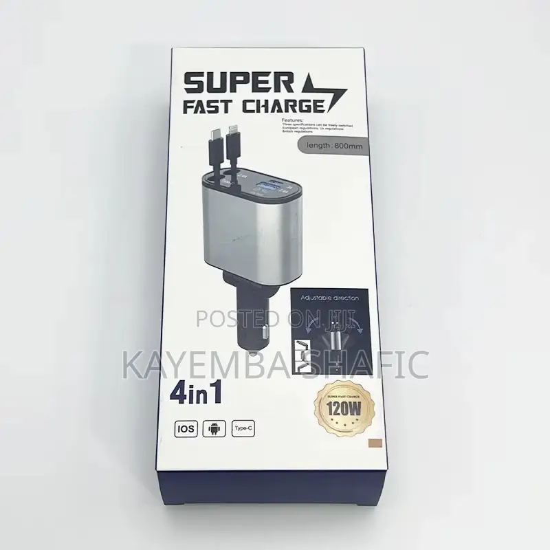 120W 4-in-1 Retractable Super Fast Car Charger Adapter