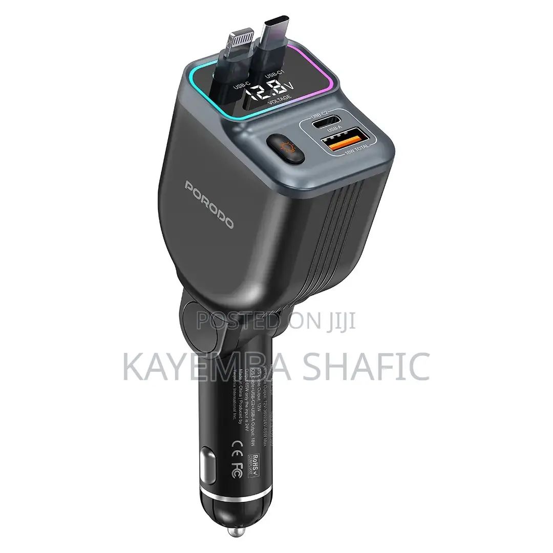 Porodo 65W Car Charger Dual Retractable Cable Real-Time Display