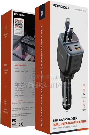 Porodo 65W Car Charger Dual Retractable Cable Real-Time Display