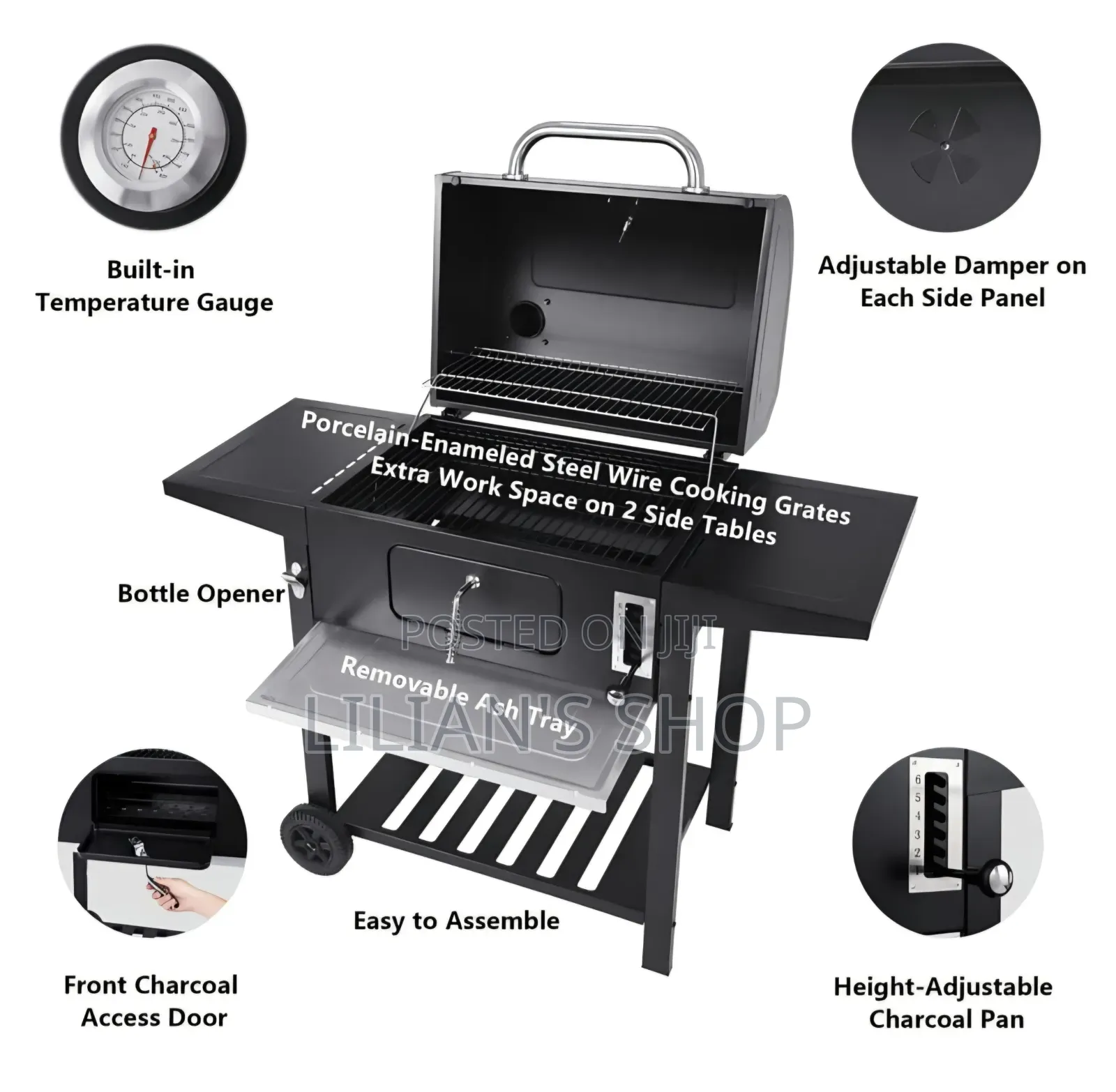 Carbon Steel Charcoal BBQ Cooker Grill - Black