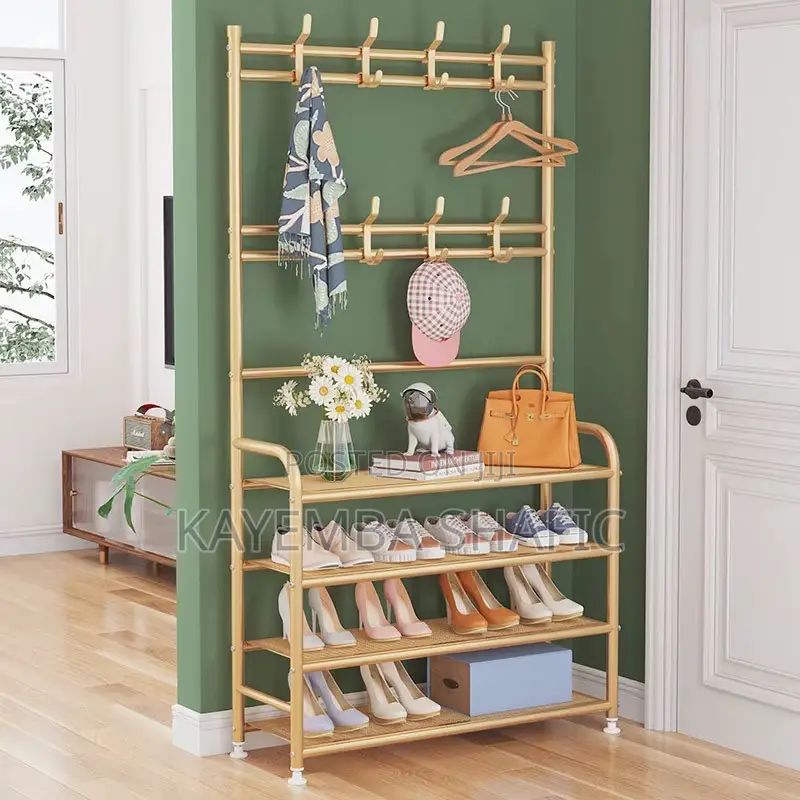 Fully Metallic Large Golden Shoe Rack With Coat Hanger