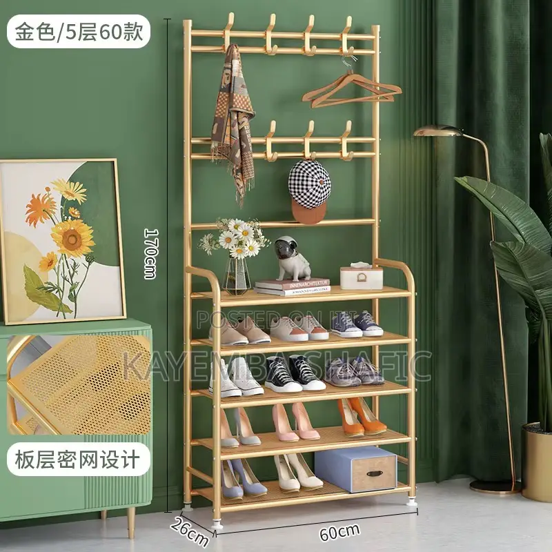 Fully Metallic Large Golden Shoe Rack With Coat Hanger