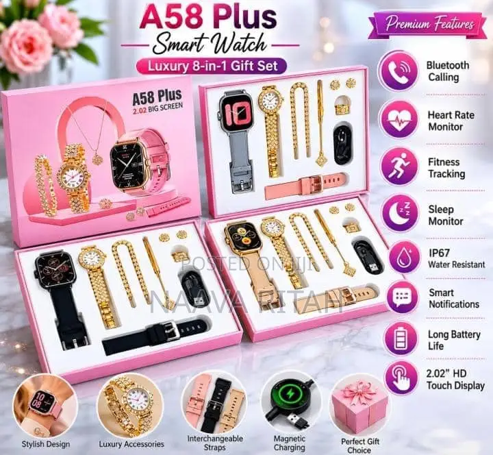 A58 Plus 7-in-1 Smartwatch and Jewelry Gift Set - PINK