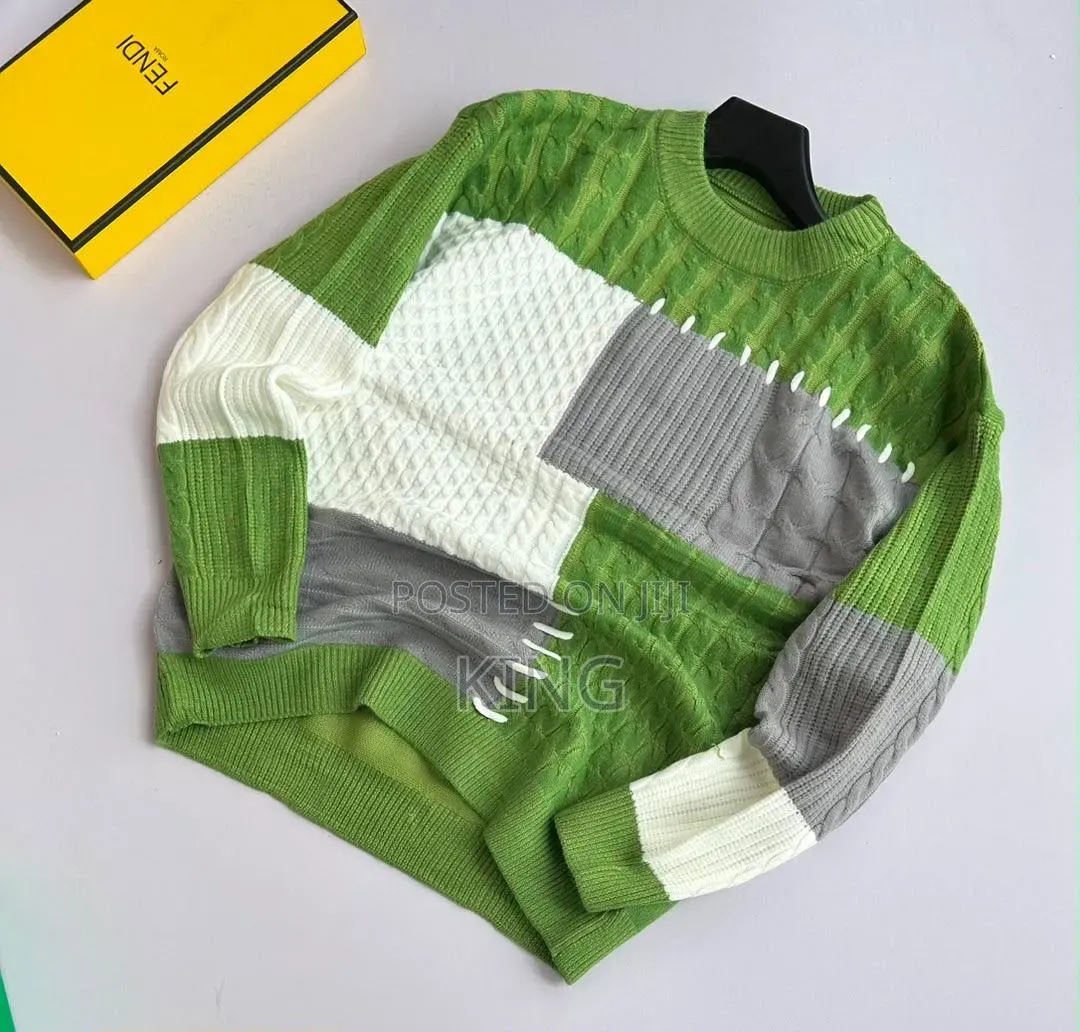 Black, White, and Gray Patchwork Knit Crewneck Sweater
