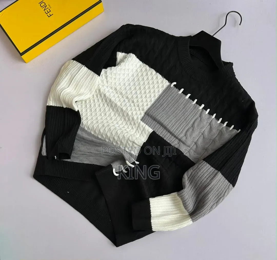 Black, White, and Gray Patchwork Knit Crewneck Sweater