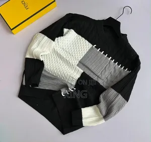 Black, White, and Gray Patchwork Knit Crewneck Sweater
