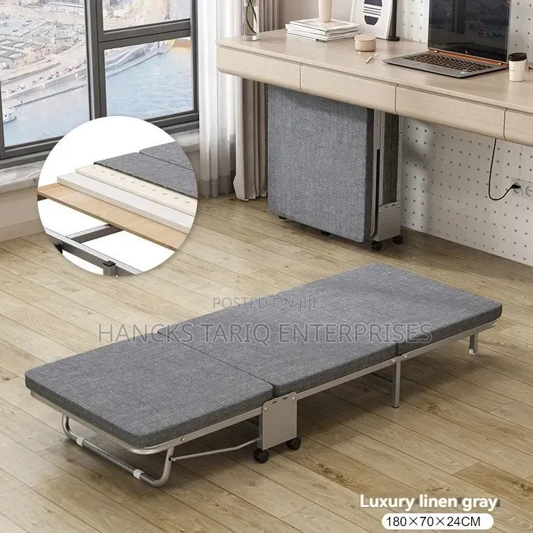 Luxury Linen Gray Foldable Single Guest Bed and Portable Cot