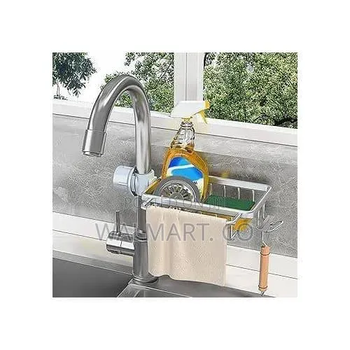 Aucet-Mounted Kitchen Sink Caddy and Sponge Organizer.