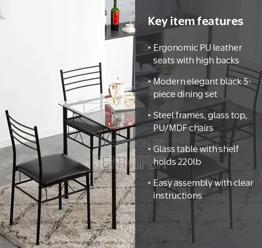5-Piece Rectangular Tempered Glass Dining Set With Metallic Chairs