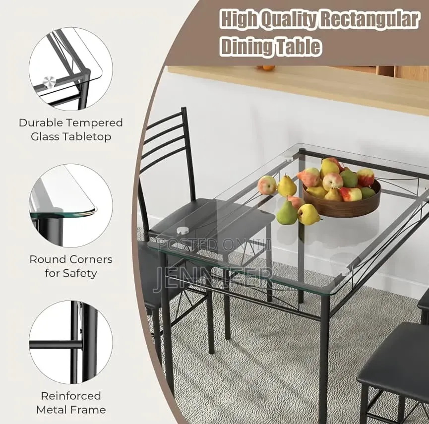 5-Piece Rectangular Tempered Glass Dining Set With Metallic Chairs