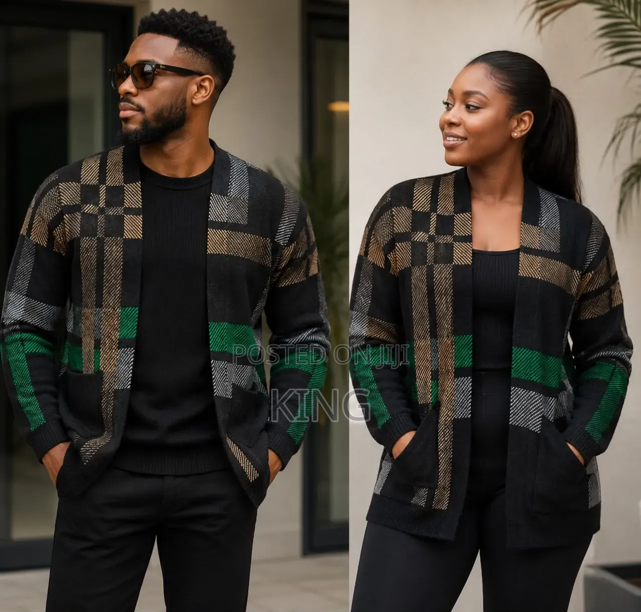 Plaid/Check-Pattern Knitted Cardigans
