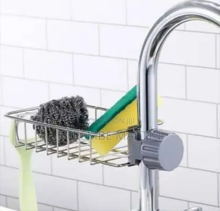 Aucet-Mounted Kitchen Sink Caddy and Sponge Organizer.
