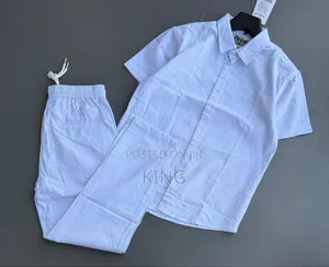 Two-Piece Linen Outfit Set Shirt and Matching Drawstring Trousers