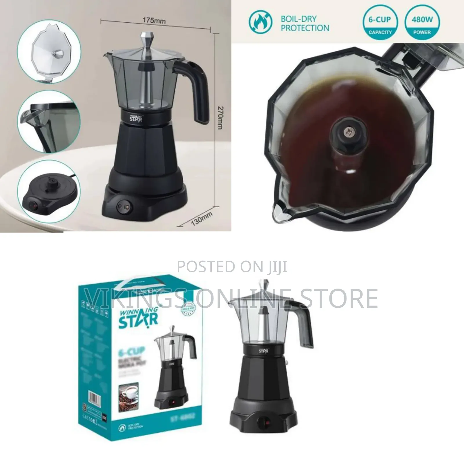 WINNING STAR 6 Cups, Electric Moca Pot Small, Italian Aluminum Kahve
