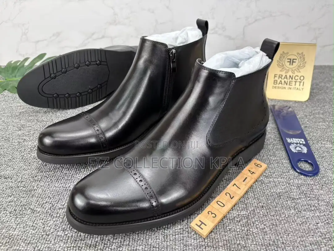 Original Franco Banetti Black Leather Wingtip Brogue Side-Zip Boots
