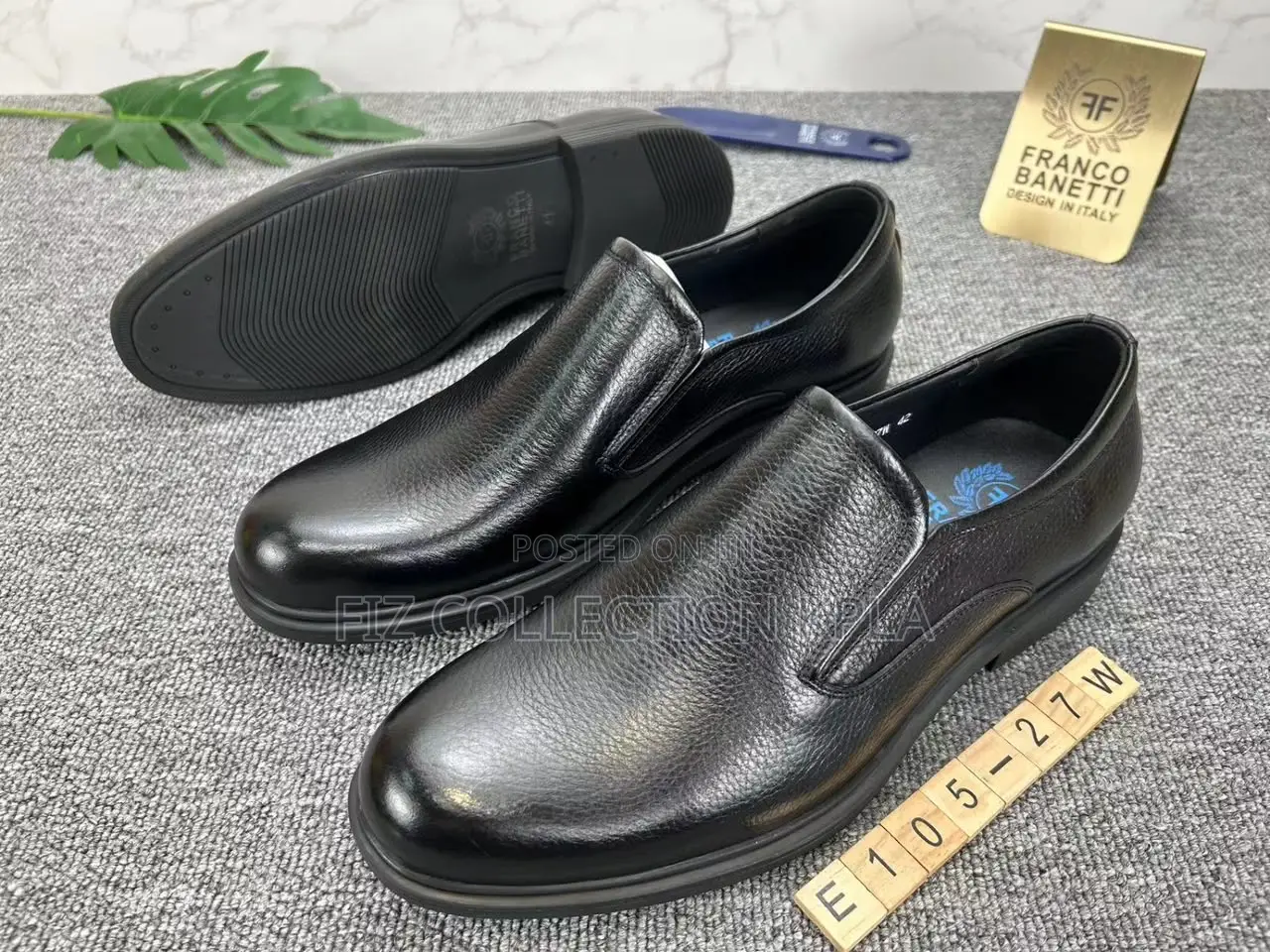Original Franco Banetti Black Textured Leather Slip-on Dress Shoes