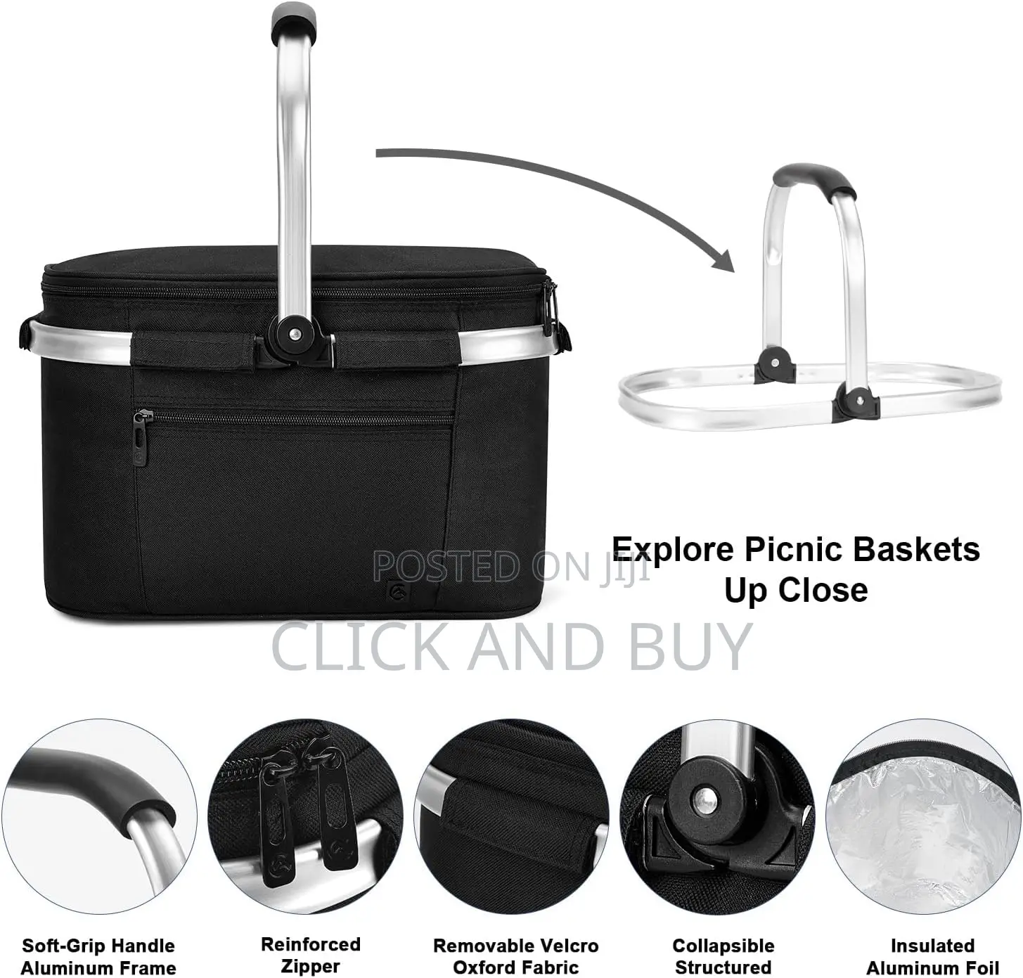 29L Insulated Folding Picnic Basket With Handle, Cooler Lunch Bag