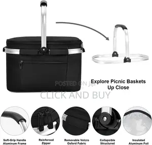 29L Insulated Folding Picnic Basket With Handle, Cooler Lunch Bag