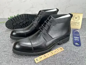Original Franco Banetti Black Leather Cap-Toe Lug Sole Ankle Boots