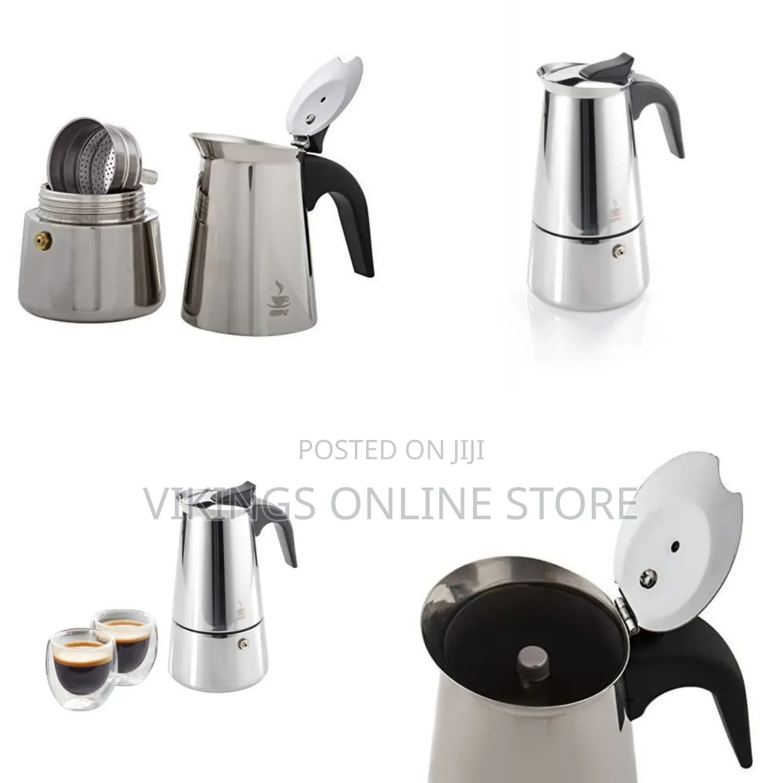 Espresso Maker Emilio for 4 Cups, Stainless Steel- Silver