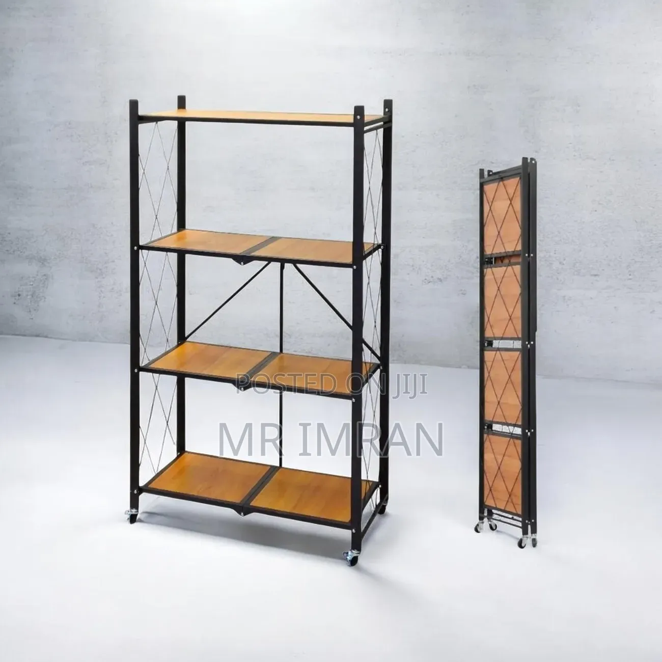 4-Tier Foldable Metal Storage Rack With Wooden Shelves