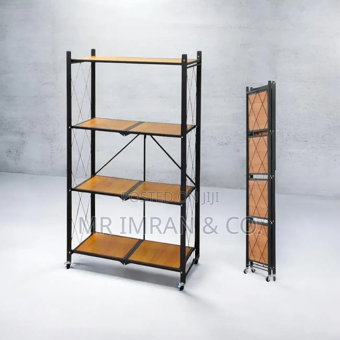 4-Tier Foldable Metal Storage Rack With Wooden Shelves