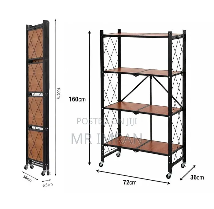 4-Tier Foldable Metal Storage Rack With Wooden Shelves