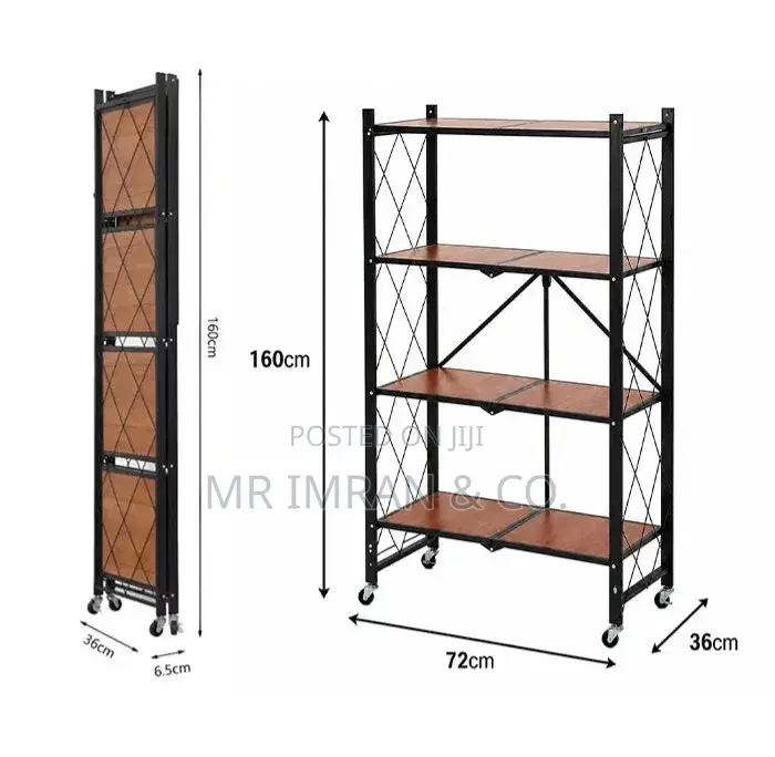 4-Tier Foldable Metal Storage Rack With Wooden Shelves