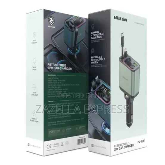 Green Lion 90W Car Charger With Retractable Cable / Multi Protection
