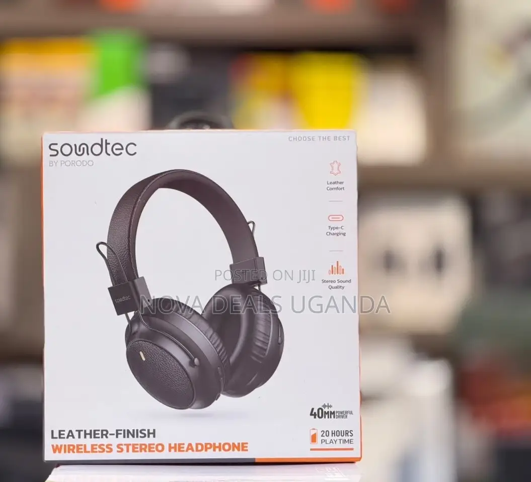 Porodo Soundtec Wireless Leather Headphones, 20H Playtime, 10M Range
