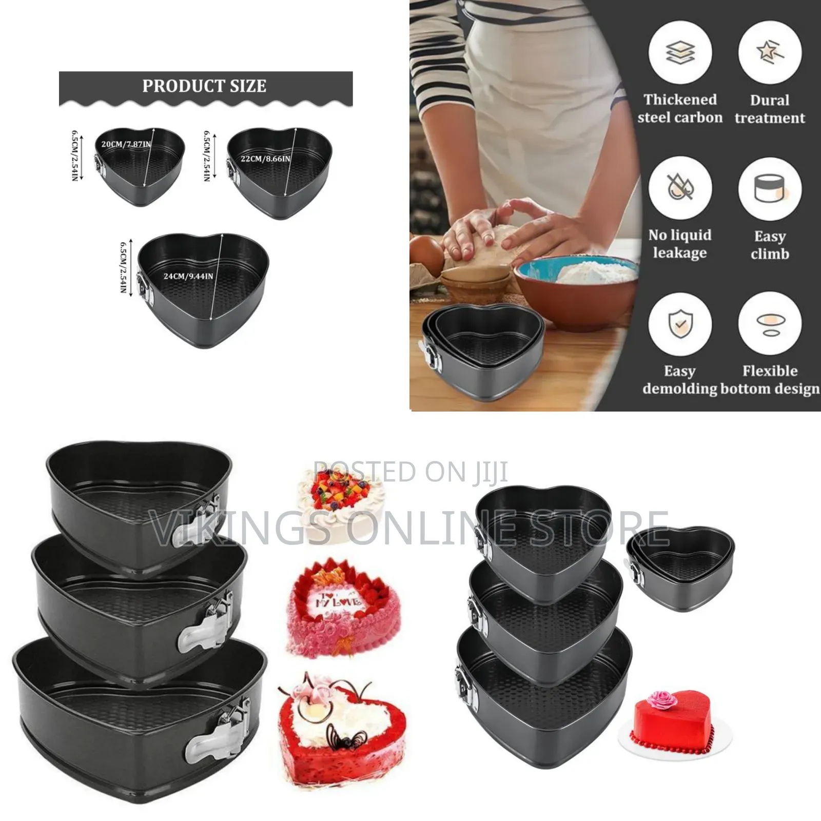 3 PCS Heart Shaped Cake Tins Set, Round Buckle Removable Bottom Baking