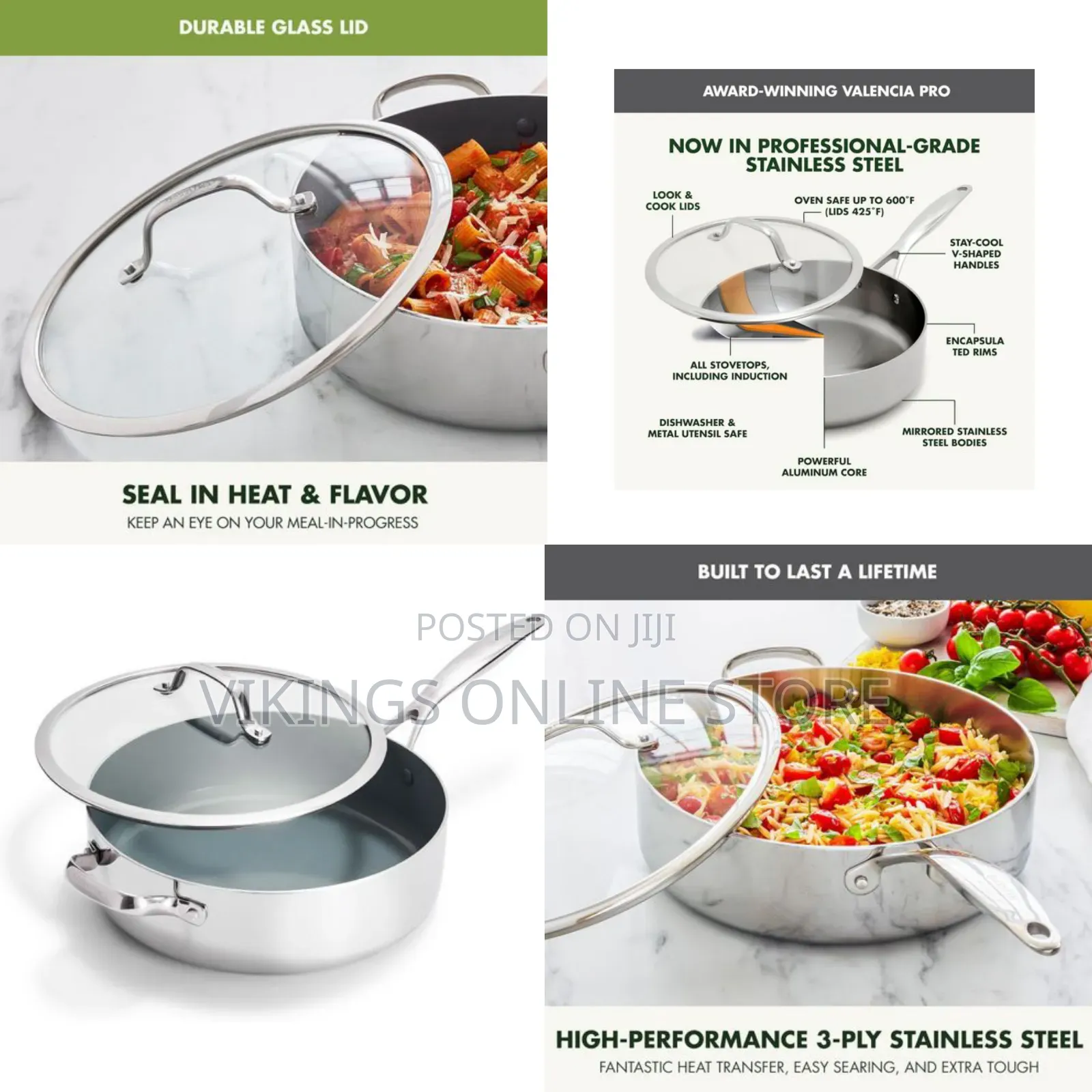 28cm Tri-Ply Stainless Steel 5QT Saute Pan With Lid, Induction