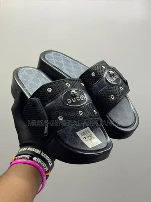 Black Gucci-Inspired Monogram Platform Slides