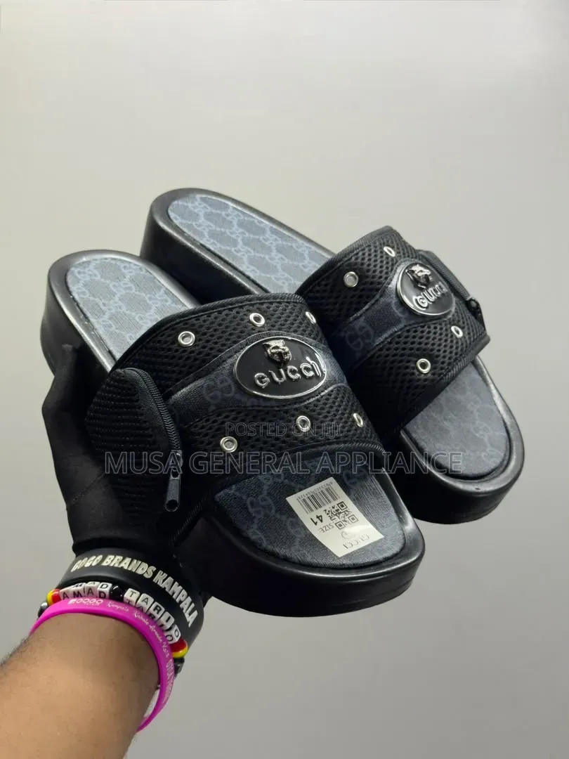 Black Gucci-Inspired Monogram Platform Slides