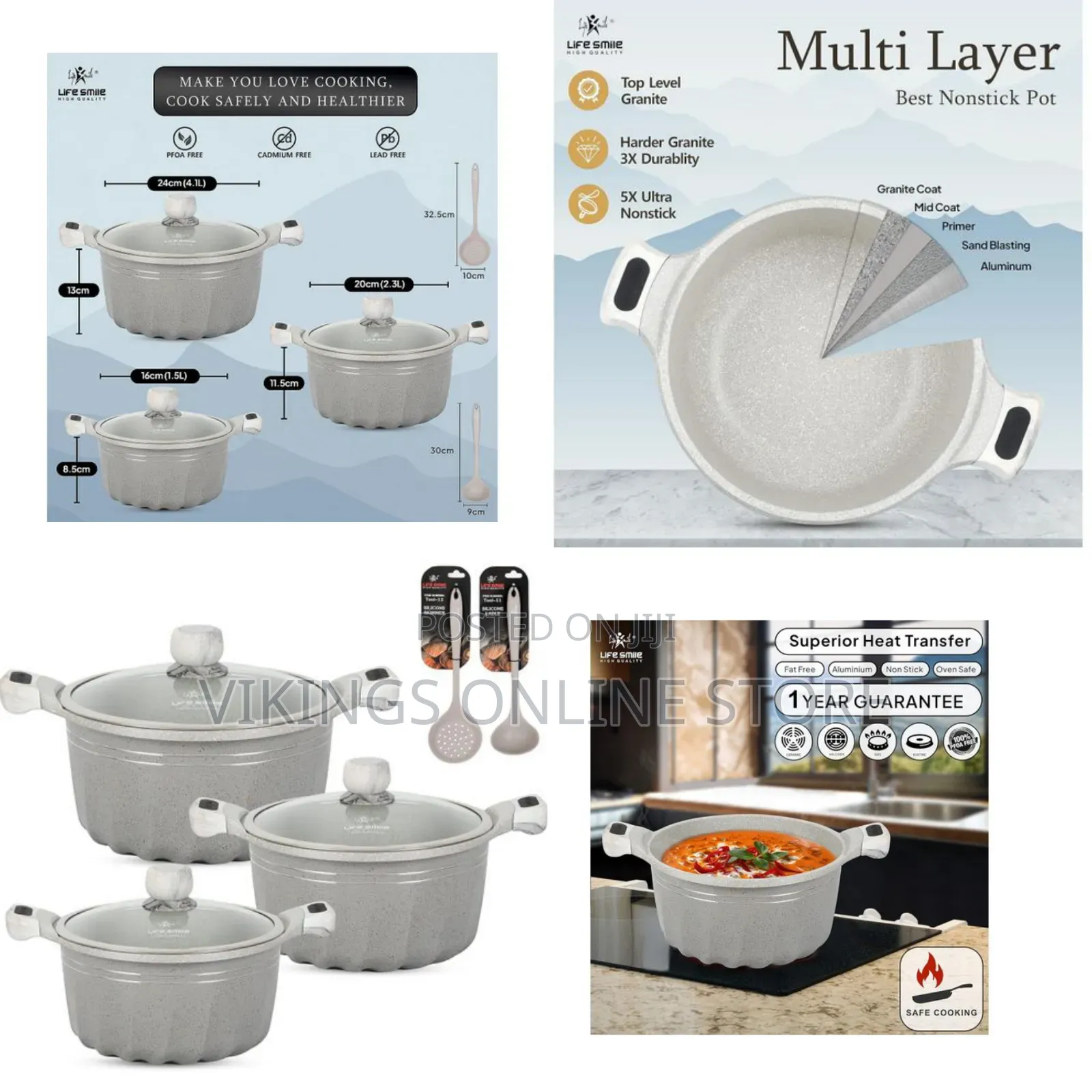 Life Smile Pots Set 8 Pieces Cookware Set Induction Base Granite