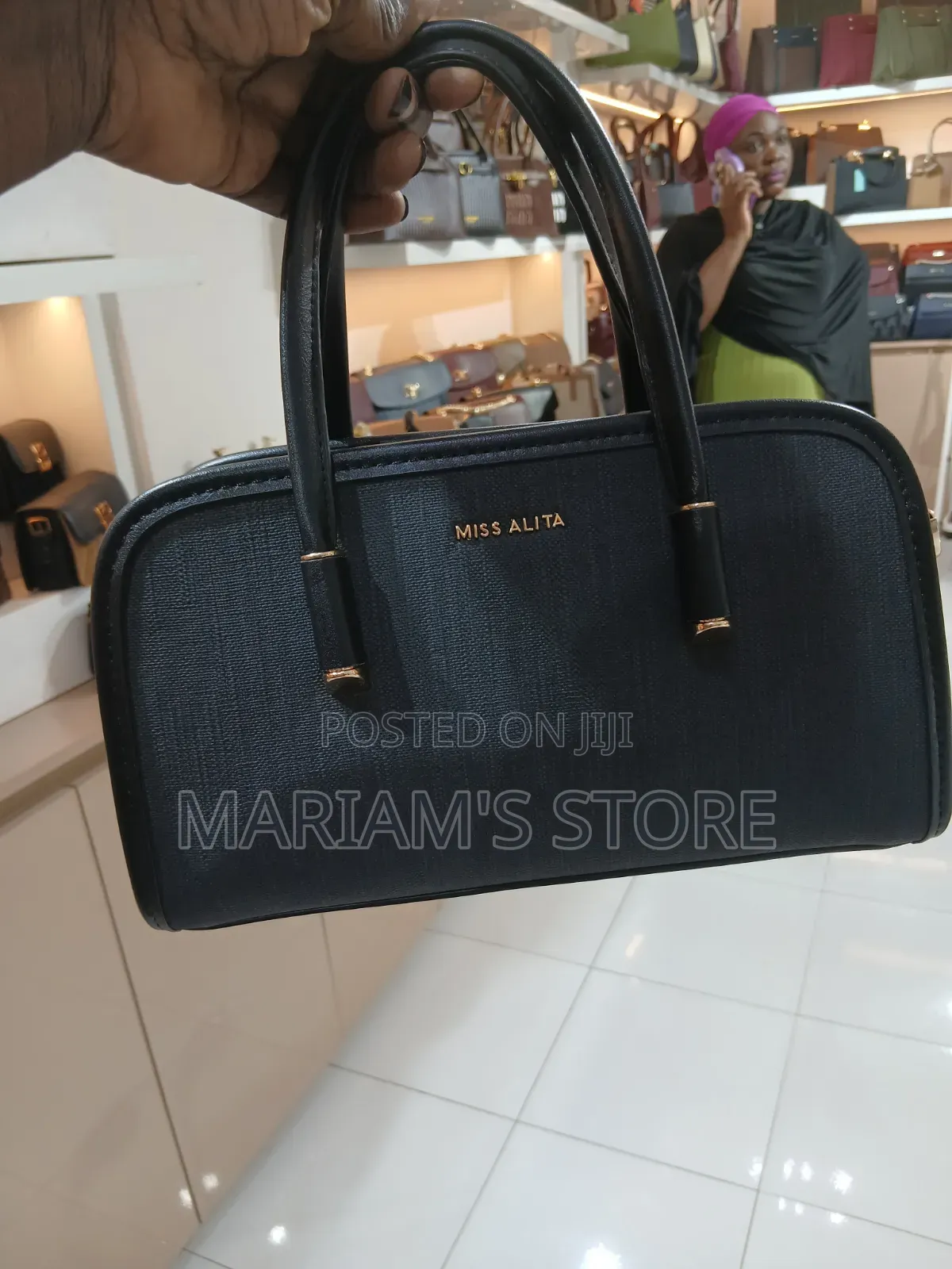 Black Textured Miss Alita Structured Handbag With Dual Top Handles
