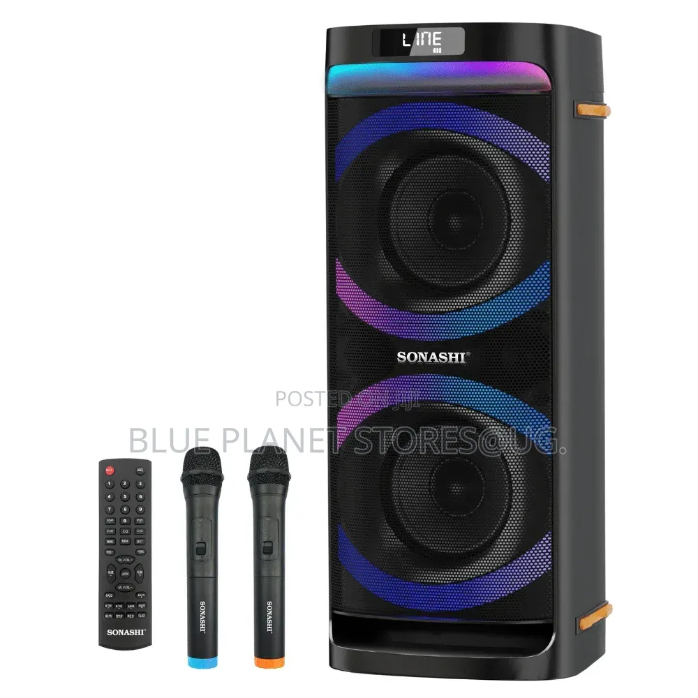 SONASHI Dual 6.5" Rechargeable Speakers With 2 Wireless Microphones.