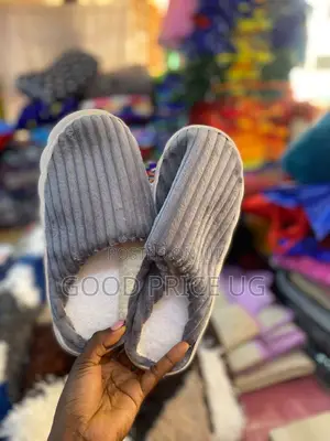Grey Corduroy Plush House Slippers