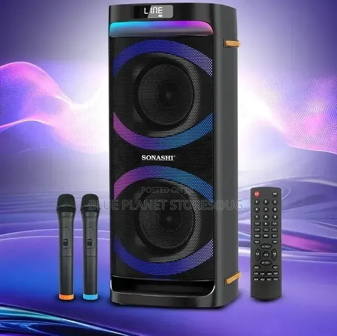 SONASHI Dual 6.5" Rechargeable Speakers With 2 Wireless Microphones.