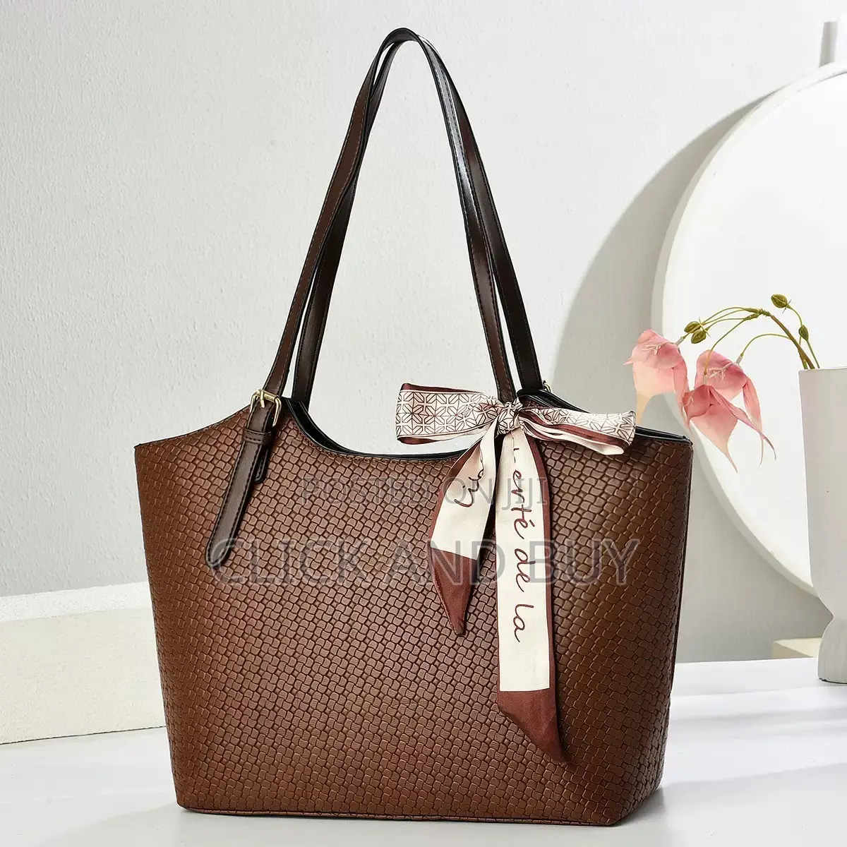 Elegant Textured Brown Tote Bag With Silk Scarf Accent