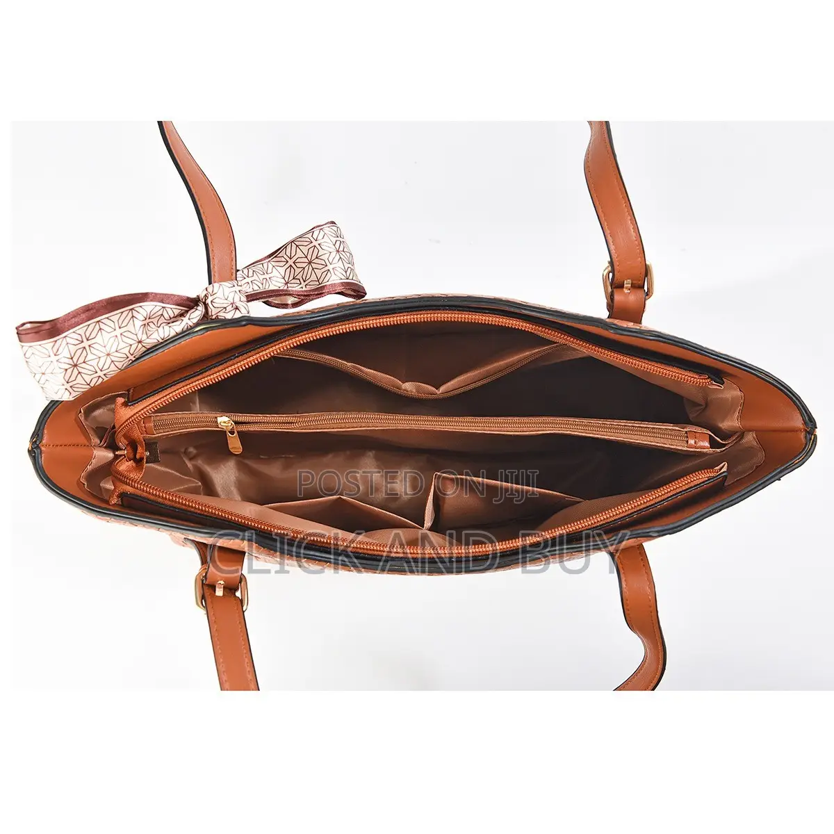 Elegant Textured Brown Tote Bag With Silk Scarf Accent