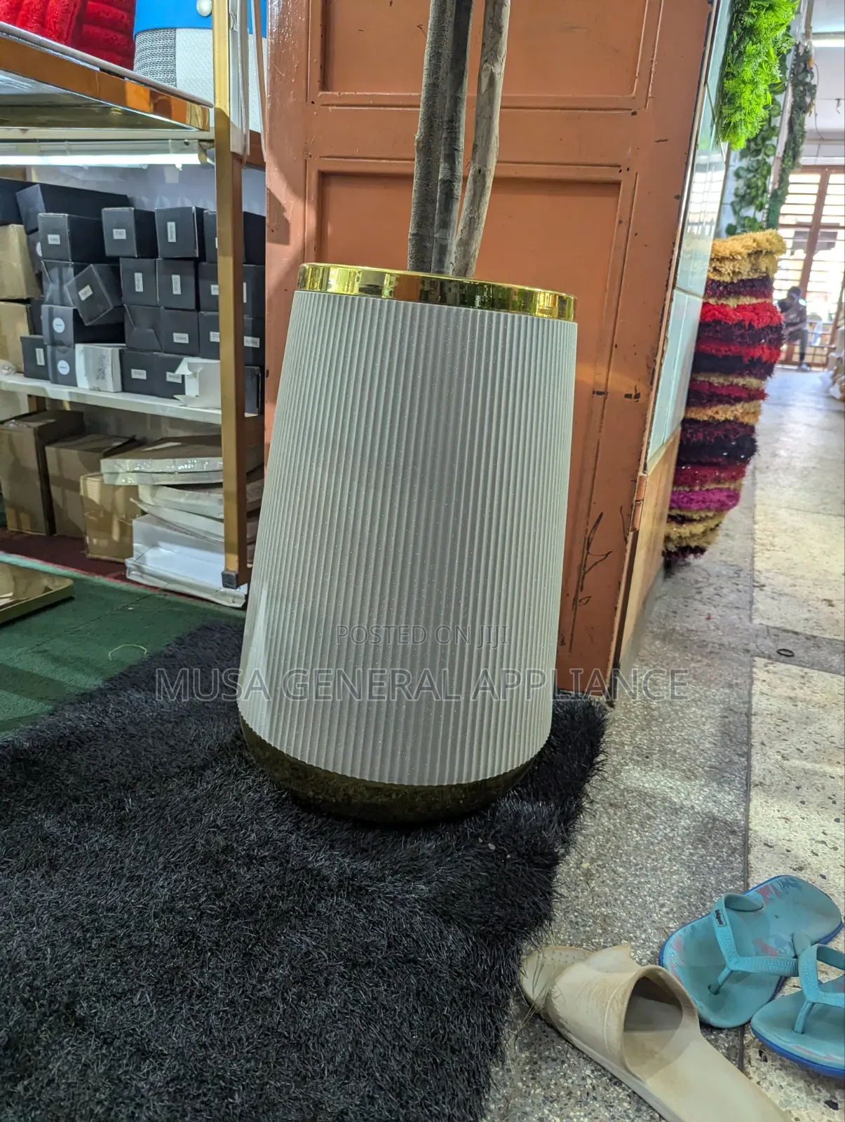 Ribbed White and Gold-Rimmed Decorative Planter
