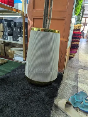 Ribbed White and Gold-Rimmed Decorative Planter