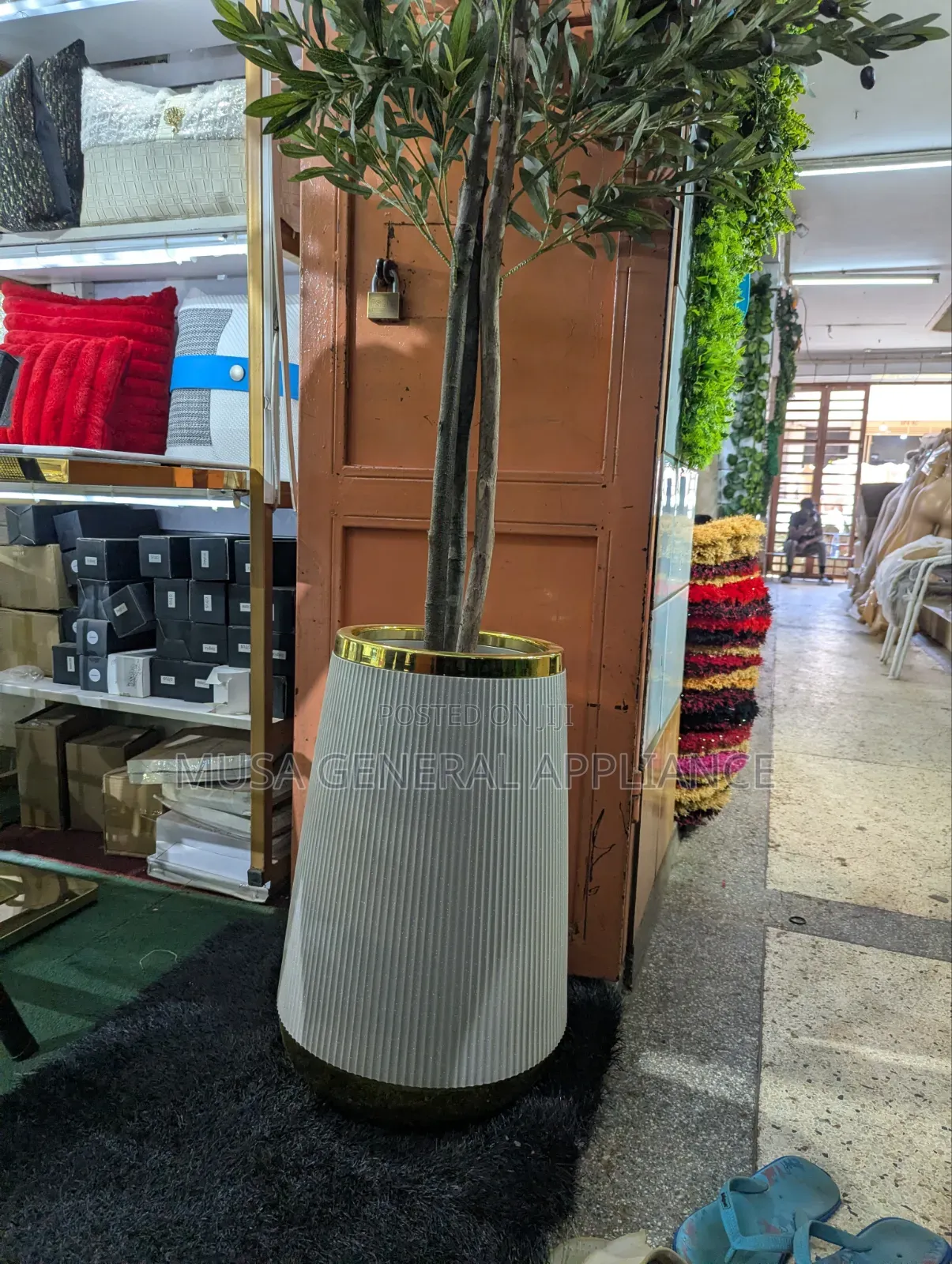 Ribbed White and Gold-Rimmed Decorative Planter