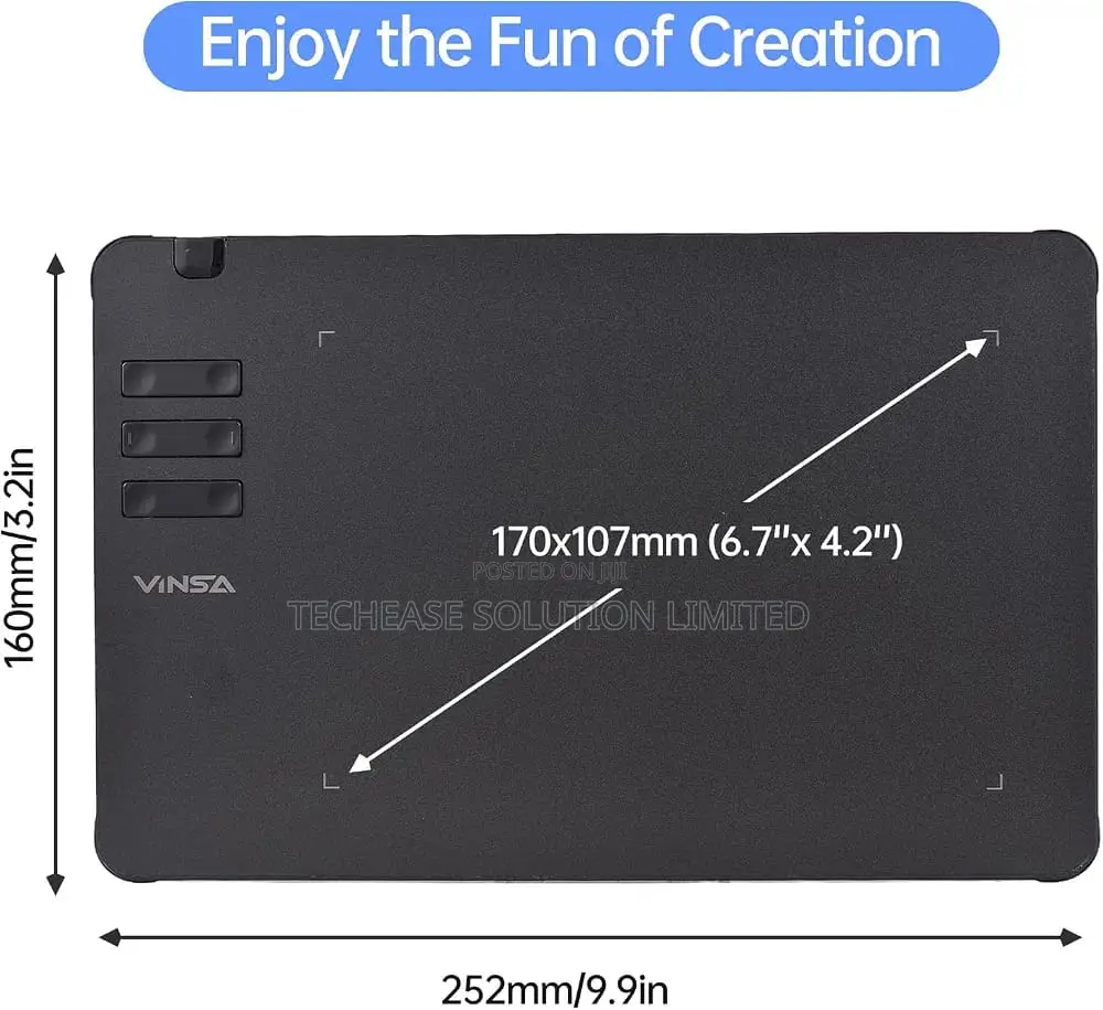 VINSA T605 Drawing Tablet, 16384 Levels, 6 Keys, Battery-Free Pen