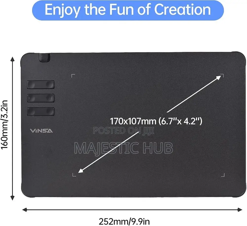 VINSA T605 Drawing Tablet, 16384 Levels, 6 Keys, Battery-Free Pen