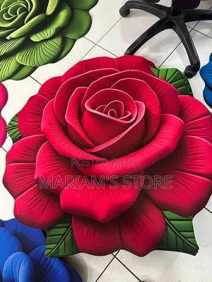 3D Red Rose Flower-Shaped Non-Slip Half-Round Floor Mat .