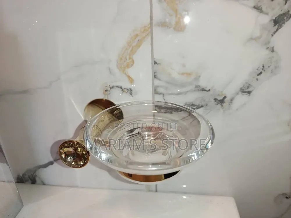 Gold-Finished, Wall-Mounted Toilet Brush With a Frosted Glass Hold
